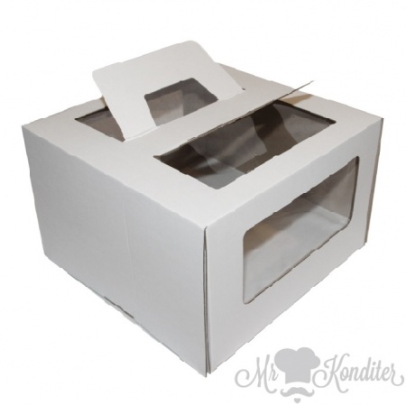 Коробка для торта с ручками белая 24х24х20 см