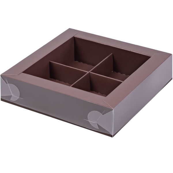 Упаковка для 4 конфет с прозрачной крышкой Шоколадная