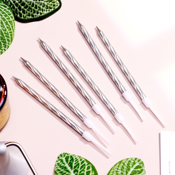 Набор свечей для торта Спираль серебро 15 см 12 шт