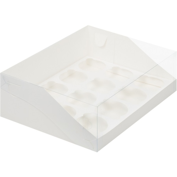 Упаковка на 12 капкейков белая с пластиковой крышкой